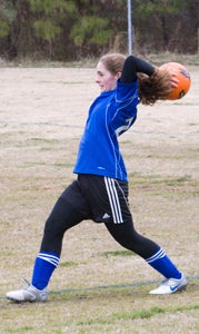 Suffolk Christian Academy eighth-grade fullback Elizabeth Arnold throws in against the Virginia Beach Friends School during a conference showdown on Tuesday afternoon at the SYAA Fields. The Lady Knights won 5-3 to push their record to 3-1 overall and 2-0 in the Seven Cities Athletic Conference.