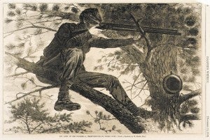 On Nov. 15, 1862, Harper's Weekly magazine published an etching of a painting by Winslow Homer, portraying a sharpshooter for the Union Army on picket duty. Both the Union and Confederacy relied on sharpshooters during the Siege of Suffolk.