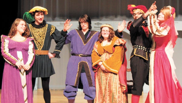 Gabbi Martin, Zach Balint, Alex Farmer, Megan Armbreoster, Marc Sullivan and Cassy Alicea rehearse at King’s Fork High School Monday for a production of Shakespeare’s “The Taming of the Shrew.”