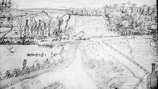 This picture, drawn by Corporal Thomas Place of the First New York Mounted Rifles, shows the advance of the Union infantry and artillery along Providence Church Road (now North Main Street) on May 3, 1863. The chimneys on the left are the ruins of Captain Nathaniel Pruden’s house. The Union line runs from top to bottom across the middle of the picture. The puffs of smoke from the woods on the right reveal the hidden Confederate line. (Courtesy of the Virginia Historical Society)