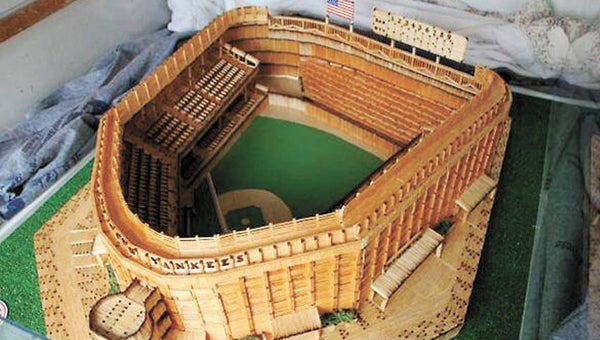 Bill Becker designed and built this replica of Yankee Stadium out of 75,000 matchsticks and Elmer’s glue. He used scissors to cut the matchsticks when needed.