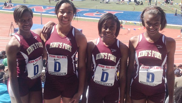 King's Fork High School's girls' 4x100-meter relay team takes time for a photo at the recent 2013 Penn Relay Carnival where they broke the school record and set the current top time in the state (47.46 seconds). From left are Roneka Spady, Gabrielle Snipes, Courtney Ricks and Brittany Dickens.