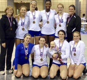 The 17-year old team for the Nansemond Volleyball Club celebrates after winning the Old Dominion Regional Championship on Sunday in Richmond. Pictured are in back from left, assistant coach Anne Fowler, Rachel Kent, Lizzy Fowler, Tatyana Thomas, Caylin Harris and head coach Robyn Ross; and front row from left, Claire Shields, Brooks Gillerlain, Kaylor Nash (holding Coach Ross’ daughter, Annabelle Ross) and Brianna Rowe.