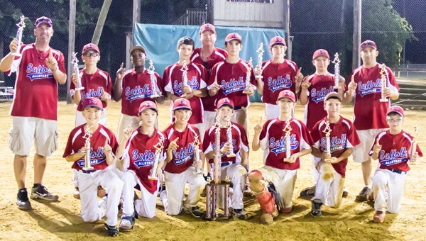 The SYAA Bronco Nationals All-Star team poses with their trophies sometime after midnight on Monday, having endured two rain delays on their way to claiming the Bronco division championship at the SYAA baseball invitational. They defeated the Lynnhaven Wahoos 9-8 in the title game at Diamond Springs Park. Front row, from left: Nick Mattfield, Hunter Ruggiero, Corey Hasson, Thomas Beale, Gage Fesette, Tyler Spencer and Michael Barnes Jr.; back row, from left: head coach Michael Barnes Sr., Hunter Hayden, Christopher Allen, Noah Cross, assistant coach Jeff Beale, Noah Floyd, Jay Norris, Adam Briggs and assistant Coach Kyle Fesette. (Paula Hasson/Precious Memories Photography)