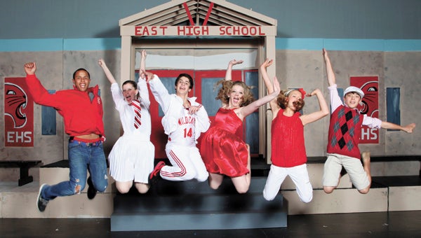 Part of the cast of RPM Dance’s Disney’s “High School Musical Jr.” jumps for joy during a dress rehearsal. From left are Thomas Keltner as Chad, Hannah Maconaghy as Taylor, Brexdyn La Dieu as Troy Bolton, Caitlin Holst as Gabriella Montez, Ryan Horton as Sharpay and Logan Markley as Ryan.