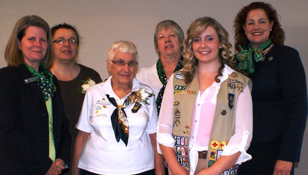 Suffolk Girl Scout Gold Award recipient Aleena Pickett was recognized for her achievement during a celebration at Norfolk State University on June 9. From left are Melissa Burroughs, Chair of the Board of Girl Scouts of the Colonial Coast; members of the Girl Scout Gold Award Committee, Susan Ramsland, Helen Kattwinkel and Cathy Six; Pickett; and Girl Scouts of the Colonial Coast CEO Tracy Keller.
