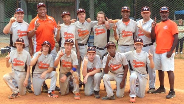 The 13U Tidewater Tigers travel baseball team celebrates after defeating the talented EvoShield Canes North squad, 4-3, to win the championship of the USSSA Top Gun State Open tournament in Hampton on Sunday. Pictured are, front row, from left: Justin Walker (Capron), Brandon Roberson (Windsor, N.C.), DJ Smith (Gates County, N.C.) Patrick Driggers (Smithfield), Rodney Pierce Jr. (Surry) and Hayden Myers (Smithfield); back row, from left: head coach Robert Tew (Suffolk), assistant coach George Riddick (Suffolk), Andrew Riddick (Suffolk), Jarret Henderson (Suffolk), Robby Tew (Suffolk), Rapheal Morales (Gates County, N.C.), assistant coach Wade Myers (Smithfield) and assistant coach Rodney Pierce (Surry). (Carrie Tew photo)
