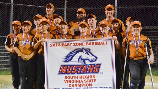 The Windsor Longhorns Mustang team is all grins after taking its regular season roster and defeating the field of “B” all-star teams last week in the 2013 East Zone Baseball Mustang South Region Virginia State Championship hosted in Wakefield. No travel ball players were permitted to compete in the tourney, which was created for rec league-exclusive competitors. Pictured are, front row, from left: Cole Gray, Bryson Parsain (injured reserve), Gavin Tomlin, Jared Littlefield, Jakkob Porti and TJ Luter (injured reserve); middle row, from left: Brennan Trump, Barrett Ferguson, Andy Harmon, Jacob Hudson, Michael Huffman and Chase Dunnagan; back row, from left: business manager coach Landon Tomlin, head coach Travis Luter and assistant coach Mike Luter. (Krystle Tomlin photo)