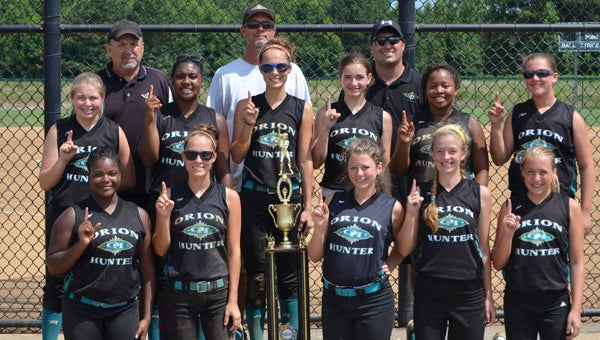 The Orion Hunter Fastpitch 14U team celebrates their status as No.1 after winning the SoftballNation East Zone 14U National Tournament last weekend in Virginia Beach. Front row, from left: Kyrah Runner, Kelsey Harrison, Grace Durant, Nohea Burden and Sami Jackson; middle row, from left: Sydnie Matkins, Brianna Anderson, Caylan Harrison, Delaney Taylor, Lauren Davis and Caroline Helmer; back row, from left: coach Joe Jackson, coach Eric Helmer and head coach Shawn Jackson.