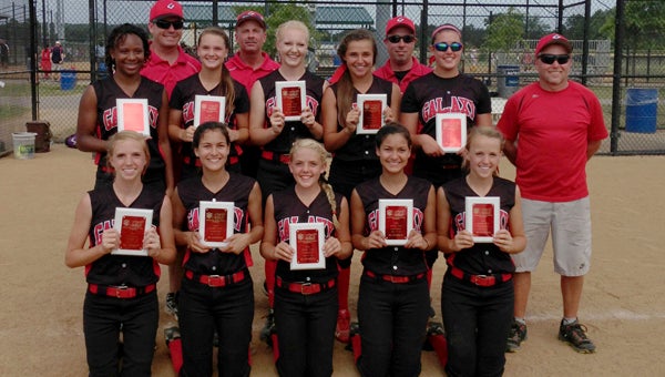The Galaxy Fastpitch 18U-Black team holds plaques commemorating their triumph at the recent ASA Class A Virginia State Championship in Virginia Beach. Pictured are front row, from left, Kyndall Hagedorn, Alexandra Illa, Mackenzie Terry, Alejandra Illa and Alanna Hagedorn; middle row, from left: Diamond Daniels, Trish Webb, Sydney Gay, Lauren Maddrey and Kaylah Duplain; back row, from left: head coach Bill Terry, coach Johnny Webb, coach Jeff Duplain, and coach Todd Hagedorn.  | Mary Gay Photo
