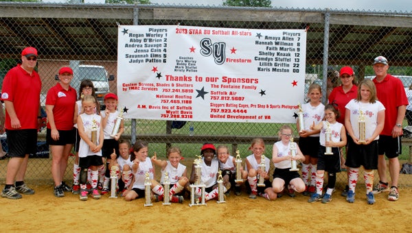 The SYAA Pinto Firestorm All-star team poses with its trophies after winning the Holland Havoc tournament last weekend at the Holland Athletic Complex. Pictured are from left: assistant coach Bobby Cain, head coach Tara Worley, Hannah Willman (back), Camdyn Stuffel (front), Regan Worley, Jadyn Patton, Abby O’Brien, Andrea Savage, Amaya Allen, Savanna Elms, Lilith Griffin, Jenna Cain, Faith Martin, Karis Meston, assistant coach Kristy Patton, Shelby Knaak and assistant coach Mark Stuffel.