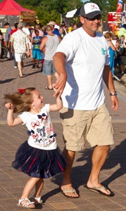 Mark Tayloe and 4-year-old daughter Kaylee kick up their heels at Constant’s Wharf Park & Marina on Thursday.