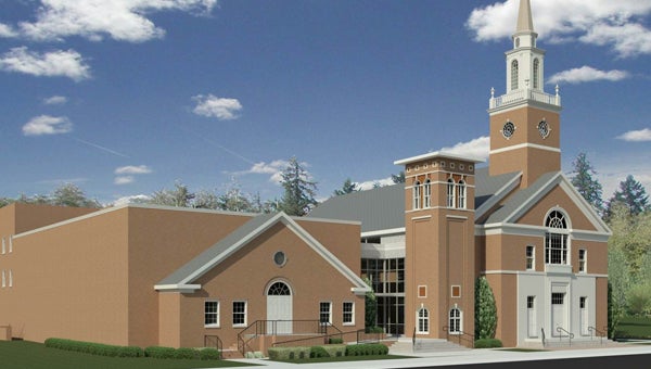 Addition: In this artist’s rendering, the addition to First Baptist Church can be seen in the center between the two existing buildings. The addition will include a welcome center and serve as another entrance to the church. (Submitted image)