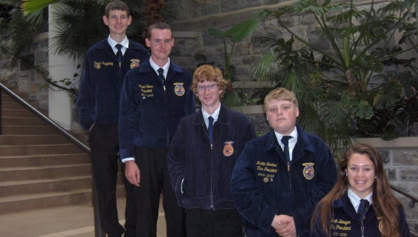 Five members of the Lakeland High School FFA chapter attended the 87th annual state FFA convention at Virginia Tech recently. From left are Chad Goodman, Will March, Barrett Moore, Joseph Owens and Sarah Bowyer.