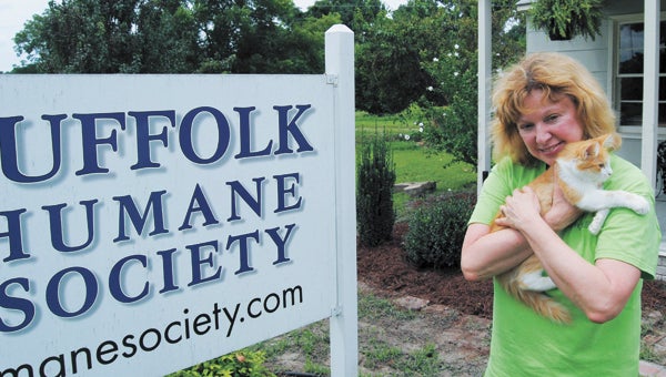 Kay Hurley, director of community outreach for the Suffolk Humane Society, holds a kitten in front of the organization’s Driver office recently. Suffolk Humane Society will hold a Pet Pantry on Aug. 24 to help families who have difficulty affording pet food.