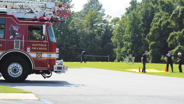 Members of Suffolk Fire and Rescue have been participating in comprehensive training exercises this week. On Thursday, fire and rescue personnel trained first at Sleepy Hole Park and then at Bennett’s Creek Park, where they responded to a simulated stage collapse.