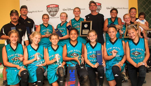 The Orion Hunter Fastpitch 12U Teal team came in second at the USSSA 11U National Championships recently at the ESPN Wide World of Sports Complex in Florida. It represented back-to-back years that the team had advanced to a national title game. Front row, from left: Makayla Burks (Windsor), Kayla Englar (Chesapeake), Lauren Vanassche (Chesapeake), Megan Lee (Chesapeake), Addy Greene (Suffolk), Tyarra Keller (Chesapeake) and Ana Jarrell (Chesapeake); back row, from left: coach Ted Lee (Chesapeake), coach Andy Greene (Suffolk) , Allison Copeland (Hertford, N.C.), E.J. Bankson (Windsor), Morgan Murphy (Chesapeake), head coach Larry Murphy (Chesapeake), Logan Saunders (Kitty Hawk, N.C.), Kayla Liske (Chesapeake), coach Debbie Saunders and Baby Ethan (Kitty Hawk, N.C.). (Submitted photo)