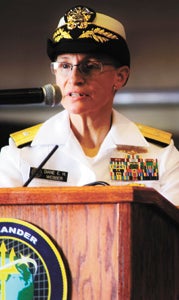 Rear Adm. Diane E. H. Webber addresses the crowd during the Navy Cyber Forces’ Change of Command ceremony, Sept. 27 at Joint Expeditionary Base Little Creek, Virginia Beach. Webber relieved Herbert as commander of Navy Cyber Forces. (Photo courtesy of Robin Hicks/U.S. Navy)