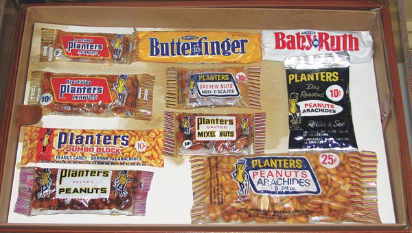 Old candy bars and nuts still in their packaging are among the many items featured in the exhibit.
