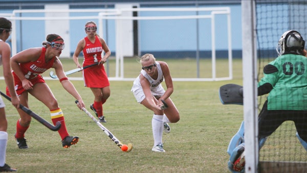 Lakeland High School senior midfielder Kristen Vick eyes the back corner of the net against visiting Grassfield High School on Wednesday. Vick had a goal and two assists in the Lady Cavaliers’ strong 7-1 victory.