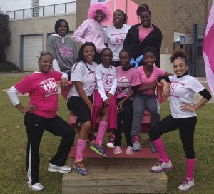 Members of Nansemond River High School’s girls’ basketball program participated in the American Cancer Society Making Strides Against Breast Cancer Walk on Saturday in Norfolk. Front row, from left: Queenie Mason, Kye’la Arroyo, Tahja Burch, Tashira Burch, Markeisha Howard and Tiffany Mason; back row, from left: Daurelle Dougles, Annicia Woods, Sabree Clegg and Ashley Wilson.