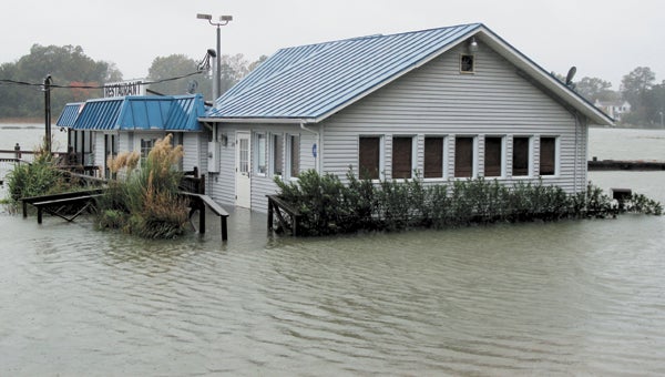 The scene at Bennett’s Creek Restaurant and Marina after Hurricane Sandy last October. Co-owner Cullen Wallace is thankful high tide didn’t send water into the building during last week’s rainy conditions.