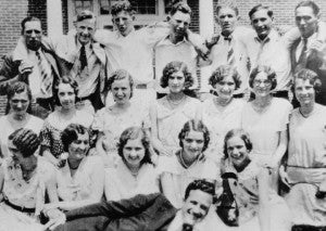 Ida May Tebo Hill, second from left on the front row, died recently at age 101 as the oldest living graduate of Chuckatuck High School. She is pictured with her class, which included Mills E. Godwin Jr., third from left on the back row, who would turn out to be Virginia governor from 1966 to 1970.