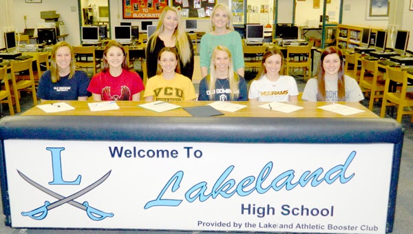 The Lakeland High School field hockey team was well-represented on National Signing Day. Front row, from left: Kasey Smith, Kelsey O’Leary, Jamee Albright, Kristen Vick, Alexis Albright and Summer Parker; back row, from left: coaches Courtney Parker and Tara Worley.