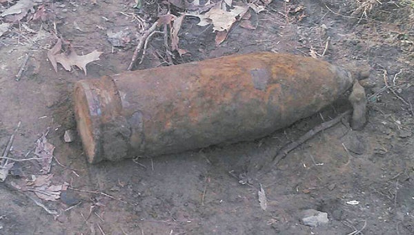 The suspected shell found at a former munitions depot in North Suffolk on Thursday.