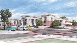 An artist's rendering of downtown revitalization, including a new library.