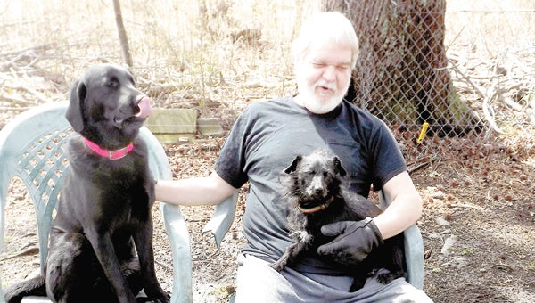 Harry Darby gathers some of his rescued dogs around him at his Leafwood Road home. Because of health and financial reasons, he can no longer keep his final seven dogs and is looking for homes for them.