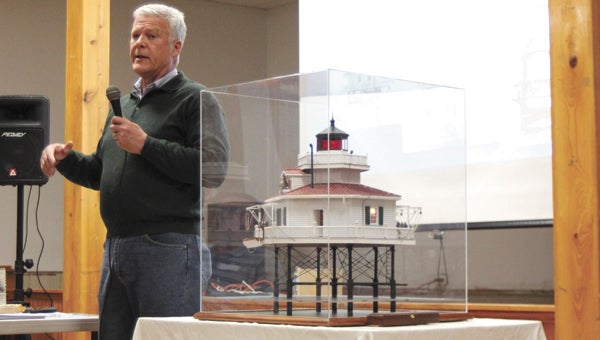 Larry Saint presents his scale model of the Nansemond River Lighthouse to a packed house in at the CE&H Ruritan Hall in Eclipse. 