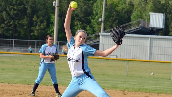 Lakeland High School sophomore Katie Peelen pitches against visiting Denbigh High School on Tuesday. She led her team, defensively and offensively, to an 11-0 win. (Melissa Glover photo)