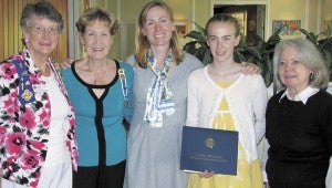 Members of the Constantia chapter of the Daughters of the American Revolution present Anna Paisley Gray, second from left, her American history essay award. From left are Bonnie Roblin, Frances Carr, Eugena Gray, Anna Paisley Gray and Christine Young.