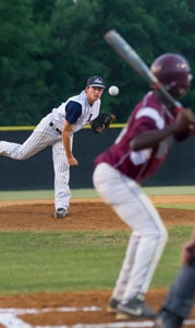 Lakeland High School senior Tyler Lilley throws to Heritage High School during Monday's conference tournament tilt at Nansemond River High School in which he threw a perfect game. (Jeremy Brant photo)