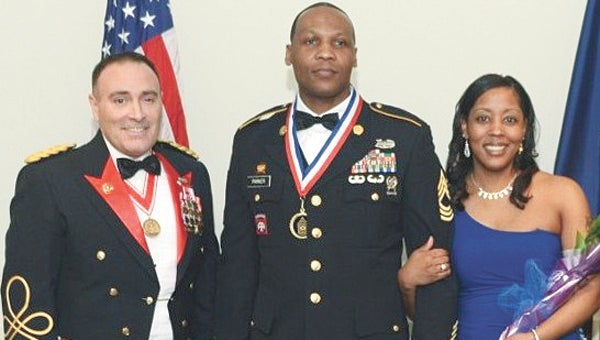 Col. Christopher Lestochi (left), Alaska District commander, was present for Master Sgt. Darnyell Parker’s recognition of promotion to the rank of Sergeant Major earlier this year with Parker’s wife, Michele, at Joint Base Elmendorf-Richardson in Alaska. Parker is the non-commissioned officer-in-charge of the district’s team supporting the humanitarian assistance program in Southeast Asia.