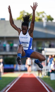 University of Kentucky redshirt freshman Sha'Keela Saunders competes in the long jump at the NCAA outdoor track and field championships in Eugene, Ore. earlier this month. She surprised herself by finishing second with a 21-foot-1.25-inch leap. (Photo submitted by Jacob Most)