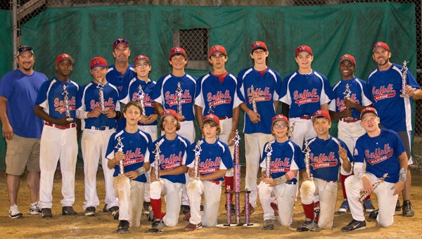 The SYAA American 13U team members exhibit their trophies after winning the Pony division of the Suffolk Youth Athletic Association Invitational All-Star baseball tournament on Monday night. Front row, from left: Gage Fesette, Corey Hasson, Thomas Beale, Michael Barnes, Riley Davis and Bryce Daniels; back row, from left: assistant coach Chad Beechboy, Christopher Allen, Adam Briggs, head coach Mike Barnes, Tyler Spencer, Cody Anderson, Noah Floyd, Jay Norris, Corbin Reynolds, Dionte Brown and assistant coach Rick Hasson; not pictured: assistant coach Kyle Fesette.