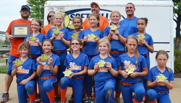 The Tidewater Lady Tides 10U team commemorates finishing as the runner up in the silver bracket of the Softball Nation Peninsula Qualifier this past weekend in Newport News. Front row, from left: Rachel Wells (Isle of Wight County), Anya Colyer (Suffolk), Emily Fowler (Suffolk), Melissa Carr (Isle of Wight County), Haley Cisco (Suffolk) and Hayleigh Presson; middle row, from left: Isabella Ward (Isle of Wight County), Emily Mousso (Suffolk), Whitlee Hughes, Cheyanne Parker, Lexi Leyh (Suffolk) and Cailyn Nowell; back row, from left: coaches Thomas Judkins (Suffolk), April Fowler (originally from Suffolk), Todd Fowler (Suffolk) and Scott Wertz (Isle of Wight County); not pictured: Hailey Couch (Isle of Wight County), Kelsey Simpson (Suffolk) and coach Craig Couch (Isle of Wight County).