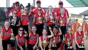 The Galaxy Fastpitch 10U team celebrates after winning the NSA's Virginia Cup in Richmond, one of the 10U team's six titles so far during the 2013-14 season. Front row, from left: Madison Johnson, Peyton Penland, Andrea Savage (Suffolk), Madison Inscoe, Katelyn Holland, Aryn Kinsey (Suffolk) and Karley Wetmore (Suffolk); middle row, from left: Jillian McAdoo (Suffolk), Julie Jones, Sydney Adcock (Suffolk), Reese Byrd and Emily Inscoe; back row, from left: coach Jimmy Byrd, manager Darryl Inscoe and coach Allen Wetmore. (Photo submitted by Darryl Inscoe)