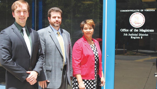 Standing outside the Magistrate’s Office at Western Tidewater Regional Jail are Blake Anderson, Sean Dolan and Bettie Faulk. Dolan is District 5’s chief magistrate; Anderson and Faulk are its newest and longest-serving magistrates, respectively.
