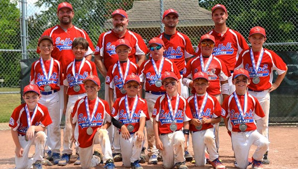 The SYAA 8U National All-Star team wears medals after finishing second in its final tournament, but it produced an impressive overall win-loss record for the all-star season. Front row, from left: Nick Conboy, Jaden Frole, Zachary Illich, Dylan Donnelly, Jacob Haltom and Chase Tomczak; middle row, from left: Maison Becker, Jackson Runyon, Zachary Bronaugh, Drew Barbosa, Cole Harrington and Landen Johnson; back row, from left: coaches Chip Runyon, Leo Pietila, Lenny Barbosa and Frankie Haltom. (Photo submitted by Frankie Haltom)