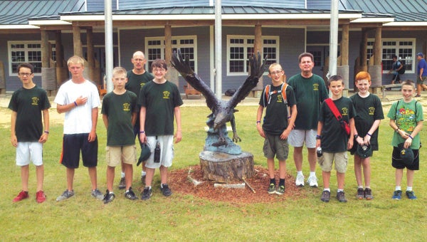 Jacob McCrary, Ian McBride, Ryan Huhtala, Mike Van Straten, Asa Adams, Jack Van Straten, Tommy Weaver, Alex Shearin, Noah Weaver and Tyler Hout, Boy Scouts from Chuckatuck-based Troop 25, attended a weeklong camp at Bayport Scout Reservation. (Submitted Photo)