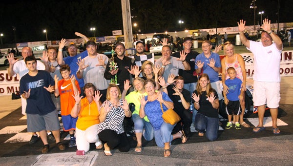 Matt Waltz with a huge family gathering in Victory Lane after his victory in the “Reinhart Foodservice 150” for the Comserve/Verizon Wireless Late Model Stock Cars at Langley Speedway. (Bill Carr/MotorSports Photo News Service)