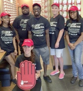 Employees at the North Main Street Subway store in front of Walmart show off their work in support of the American Diabetes Association. In front is Kristie Preneta. Behind her, from left, are Jessica Palmer, Tevin Turner, Trevis Turner, Heather Mathes and Quanisha Bates. The store currently is at the top of fundraising in Eastern Virginia for the campaign. (Submitted Photo)