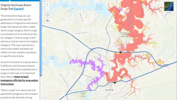 A screenshot of the state’s storm surge mapping system shows the downtown and surrounding areas as well as evacuation routes.