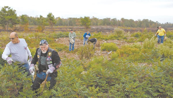 Rick Horton, left, and Bryan Casey, right, search for markers that indicate where to plant seedlings while taking part in the Renew the Ride event, on Sunday in Suffolk. More than 20 riders planted 1,000 tree seedlings at South Quay Sandhills Natural Area Preserve in an effort to preserve the land for future generations. (Submitted Photo)