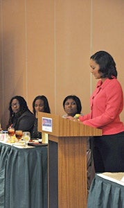 Brandi Cummings of WAVY-TV gives her keynote address during a S. Delois Hayes Scholarship Foundation brunch at the Hilton Garden Inn Harbour View on Monday. The importance of education was a main theme. 