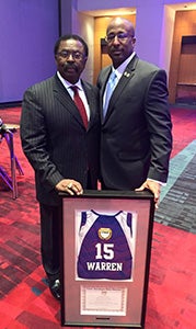 Former John F. Kennedy High School multi-sport star Terrence Warren, right, was welcomed by the CIAA into the John B. McLendon Jr. Hall of Fame earlier this year. He stands with his former Hampton University football coach, Joe Taylor.