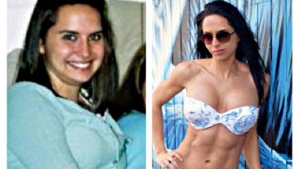 Erin Kosanovich in “before” and “after” poses during her weight-loss journey. She lost more than 70 pounds and stopped smoking after realizing how much damage she was doing to her body with cigarettes and fast food.